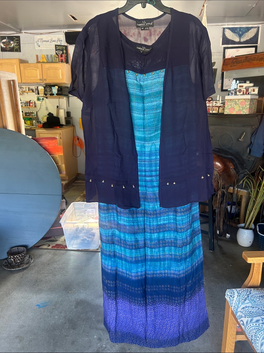 Carole Little Navy Sheer Overlay Maxi Dress with Blue Ombre Panels & Jacket